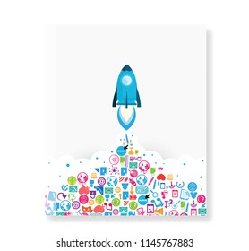 Cover report Rocket launch and smoke through cloud into social network background with media icons. Startup - flat design. Vector illustration.