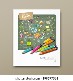 Cover report sketch hand drawn education icons and colorful pencils design background, vector illustration