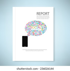 Cover report social network background with media icons, vector illustration