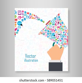 Cover report social network background with media icons, vector illustration