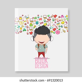 Cover report teenage wearing hat playing with phone happy template design thinking idea with social network icons background. Drawing by hand vector. Social network background with media icons.