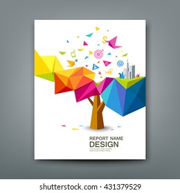 Cover report tree colorful geometric with bird paper with business icons concept design background, vector illustration
