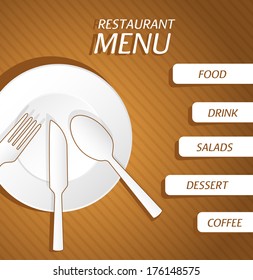 Cover of restaurant menu. Plate wit fork, knife and spoon, banner label . Restaurant Menu background concept