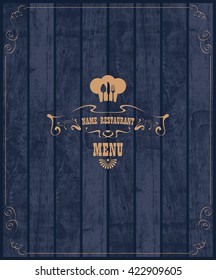 Cover for restaurant menu with a toque and cutlery on a wooden boards background texture