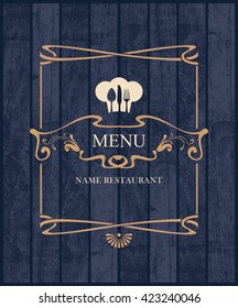 Cover for restaurant menu with a toque and cutlery on a wooden boards background texture