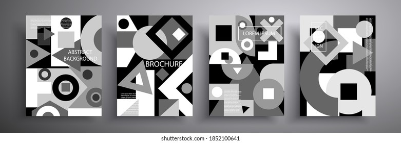 Cover retro graphic design. Abstract black and white geometric pattern background. Vector circle, triangle and square lines art design. Design for book covers, posters, flyers, magazines.