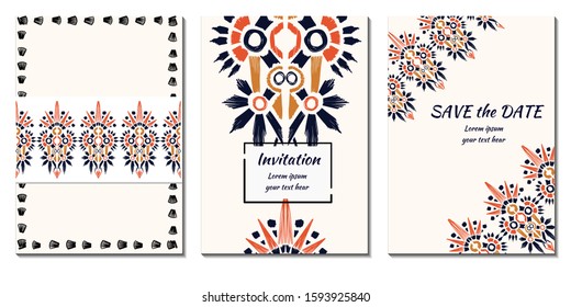Cover royal greeting design. Modern template with ikat ornament for wedding design or greeting card any purpose. 