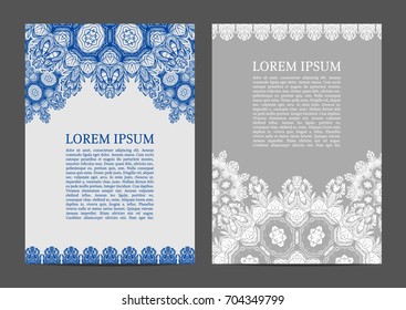 Cover, a sample of the mandala. Flyers, brochures, template design. Vintage postcards with ornaments.
