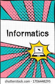 Cover for a school notebook or computer science textbook. School Pattern in bright pop art style. A hand-drawn icon of an open laptop with an arrow cursor on the screen. 