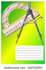 The cover of the school notebook, with drawings of devices for drawing, the tools of the student for use in the lessons of mathematics and physics.