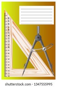 The cover of the school notebook, with drawings of devices for drawing, the tools of the student for use in the lessons of mathematics and physics.