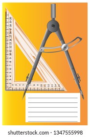 The cover of the school notebook, with drawings of devices for drawing, the tools of the student for use in the lessons of mathematics and physics.