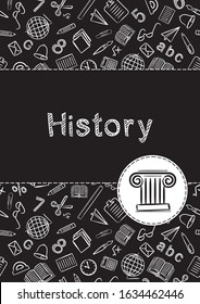 Cover For A School Notebook Or History Book. School Pattern In Black And White Chalk Style. Hand-drawn Icon Of The Ionic Greek Column. Blank For Educational Or Scientific Poster. Archeology Theme