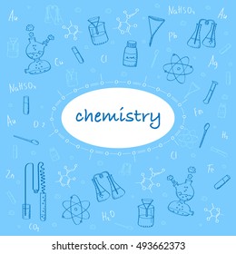 Cover school notebook. Postcard chemistry teacher. Background with test tubes, reagents, formulas, chemical bonds. Exact sciences. Set of isolated objects. Contour drawing. Vector. 