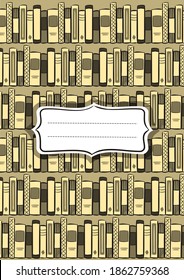Cover for a school textbook or notebook. Book library shelves on the background. White labels  for the name. Vector illustration. School and learning theme.