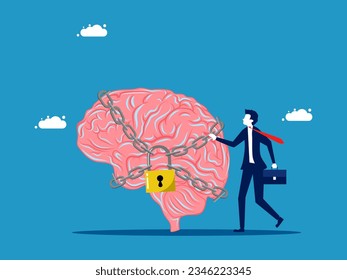 Cover the secrets in mind. Businessman and brain locked with padlock
