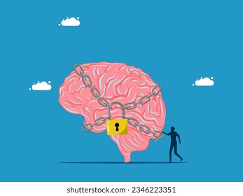 Cubre los secretos en mente. hombre y cerebro bloqueado con candado
