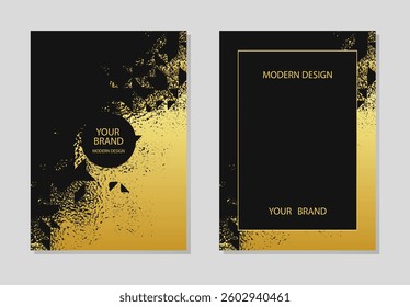 Cover set. Abstract backgrounds collection, geometric art pattern. Original golden grunge texture. Vertical templates with place for text. Brochure, booklet, leaflet, website design.
