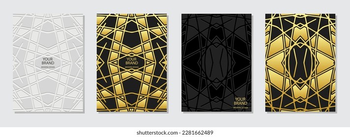 Cover set, abstract vertical templates, doodling and zentangle style. Collection of relief geometric backgrounds with 3D pattern, lines and shapes, press paper. Ethnos of the East, Asia, India, Mexico