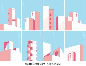 Cover Set Background Of Minimal Architecture, Abstract Building With Pastel Colour. Vector Illustration.