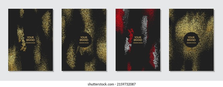 Juego de carátulas. Colección de fondo negro decorativo, patrón geométrico con chispas. Grunge textura del sustituto de oro. Plantillas verticales con lugar para el texto. Folleto, folleto, folleto, diseño de sitios web.