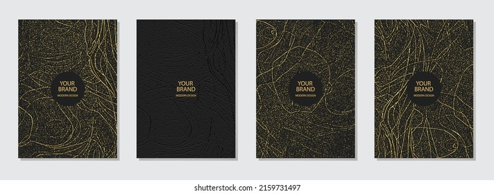 Cover set. Collection of original black backgrounds, geometric 3d pattern with sparkles and lines. Golden grunge texture. Vertical templates with place for text. Brochure, booklet, flyer, website desi