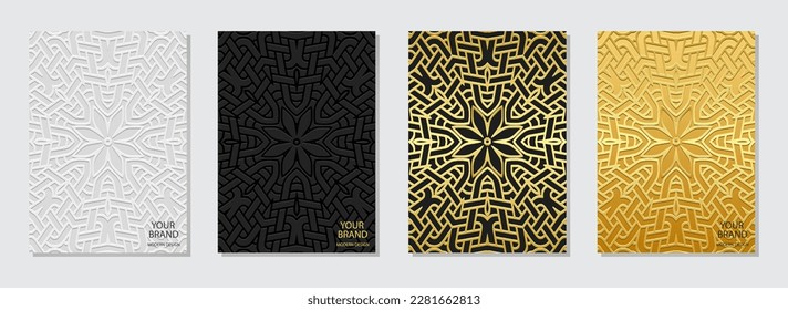 Cover Set, dekorative vertikale Vorlagen, Doodling und zentangle Stil. Kollektion geometrischer Reliefhintergründe mit 3D-Muster, Blume, Druckpapier. Ethnos in Ost, Asien, Indien, Mexiko, Azteken