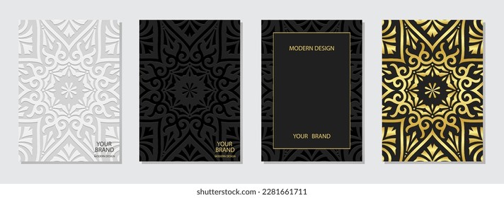 Cover Set, elegante vertikale Vorlagen, Doodling und zentangle Stil. Kollektion geometrischer Reliefhintergründe mit 3D-Muster, Druckpapier. Ethnos aus Ost, Asien, Indien, Mexiko, Azteken, Peru.