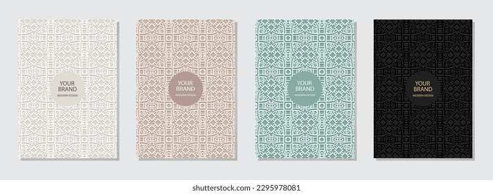 Cover set, ethnic vertical templates. Collection of relief geometric backgrounds with 3D pattern. Unique tribal motifs of the East, Asia, India, Mexico, Aztecs, Peru. Vintage pastel colors.