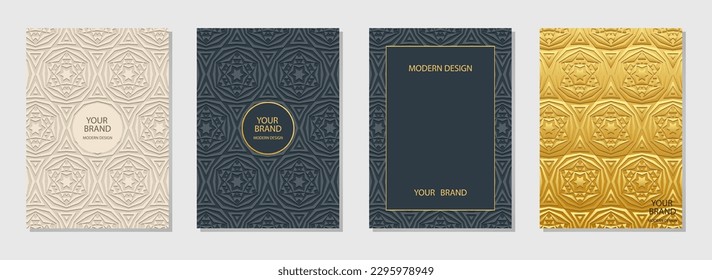 Cover Set, ethnische vertikale Vorlagen. Kollektion geometrischer Reliefhintergründe mit 3D-Muster. Stammesmotive aus Ost, Asien, Indien, Mexiko, Azteken, Peru. Vintage dunkel, hell, goldfarben.