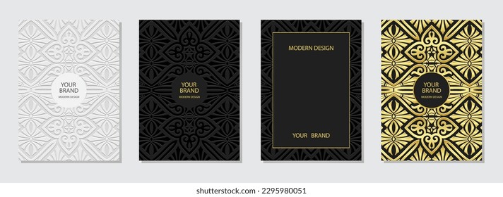 Cover set, ethnic vertical templates. A collection of embossed geometric backgrounds with a luxurious 3D pattern. Tribal motifs of the East, Asia, India, Mexico, Aztecs, Peru. Vintage tones, gold.