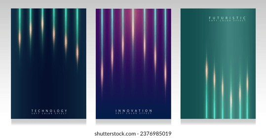 Cover set with flashes of light. Geometric pattern with glowing vertical lines. Modern cover, dynamic style, abstract gradient for technology and business.