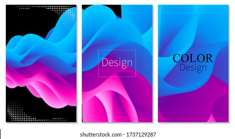 Cover Set. Fluid Flow. Color Poster. 3d Wave. Abstract Color Background. Electronic Sound. Fluid Abstract. Liquid Wave. 3d Color. Flow Design. Music Poster. Waves 3d Design. Vector.