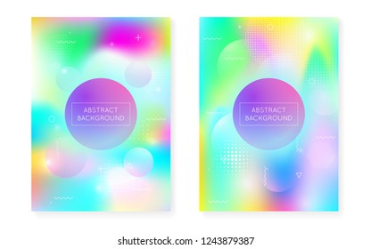 cover set with liquid shapes. Dynamic holographic fluid with gradient memphis background. Graphic template for brochure, banner, wallpaper, mobile screen. Spectrum bauhaus cover set.