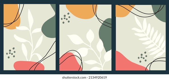 Cover set made in modern abstract leaves, minimal cover design. Colorful geometric background, vector illustration.