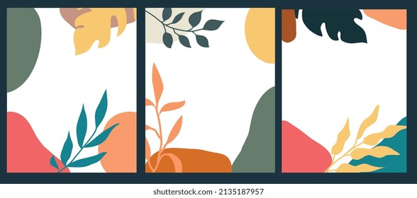 Cover set made in modern abstract leaves, minimal cover design. Colorful geometric background, vector illustration.