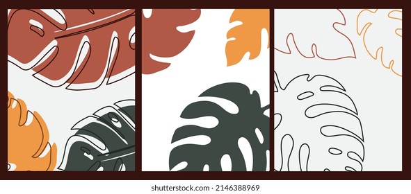 Cover set made in modern abstract leaves, minimal cover design. Colorful geometric background, vector illustration.