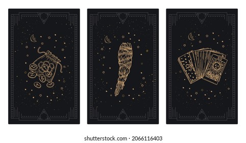 Juego de carátulas mágicas. Plantillas místicas para tarjetas ocultas de tarot, pancartas, volantes. Símbolos estotéricos en estilo boho, conjunto de ilustraciones vectoriales. Antecedentes de la magia o las tarjetas de asociación.