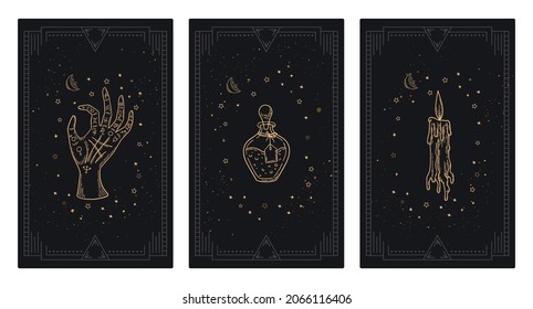 Juego de carátulas mágicas. Plantillas místicas para tarjetas ocultas de tarot, pancartas, volantes. Símbolos estotéricos en estilo boho, conjunto de ilustraciones vectoriales. Antecedentes de la magia o las tarjetas de asociación.