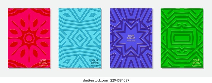 Cover set, minimalistic colorful vertical templates. A collection of vibrant embossed geometric backgrounds with a 3D pattern. Original motives of the East, Asia, India, Mexico, Aztecs, Peru.