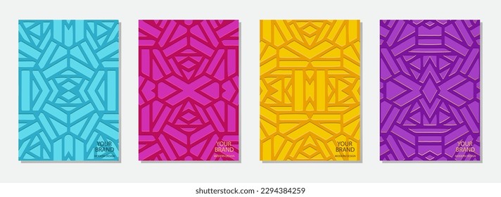 Cover set, minimalistic colorful vertical templates. A collection of vibrant embossed geometric backgrounds with a 3D pattern. Unique motives of the East, Asia, India, Mexico, Aztecs, Peru.