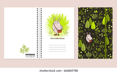 Cover set for notebooks or scrapbooks with doodle forest and cute monster. Design that make you happy and inspired. Vector illustration.