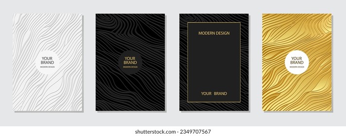 Cover set, trendy vertical templates. Collection of embossed geometric backgrounds with ethnic 3D line pattern, golden texture. Fine art of the East, Asia, India, Africa, Mexico, Aztec, Peru.