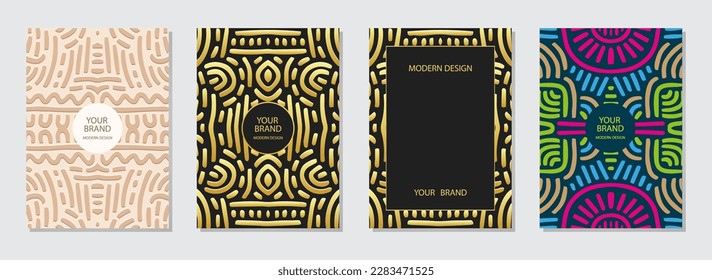Cover set, tribal vertical templates. Collection of relief multicolored geometric backgrounds with 3D pattern, doodle, doodling, zentangle. Ethnos of the East, Asia, India, Mexico, Aztecs, Peru.