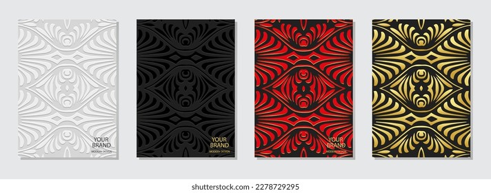 Cover set, unique vertical templates, vintage boho design. Collection of relief geometric backgrounds 3D pattern, press paper. Ethnos of the East, Asia, India, Mexico, Aztecs, Peru.