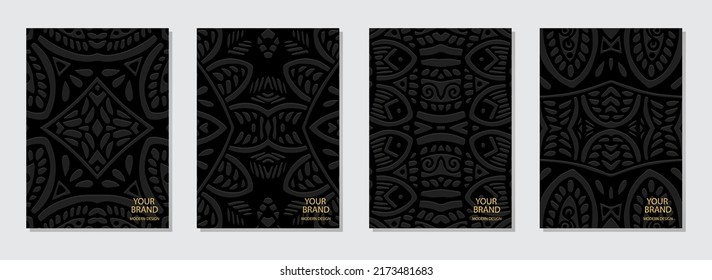 Juego de carátulas, plantillas étnicas verticales. Colección de fondo vintage con un patrón geométrico de relieve 3D. Ornamentos tribales basados en Oriente, Asia, India, México, Aztecas, Perú.