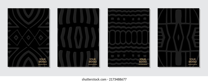 Cover set, vertical ethnic templates. A collection of minimalistic black backgrounds with 3D embossed geometric patterns. Tribal ornaments based on East, Asia, India, Mexico, Aztecs, Peru.