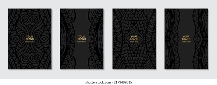 Cover set, vertical ethnic templates. A collection of exotic black backgrounds with 3D embossed geometric patterns. Tribal ornaments based on East, Asia, India, Mexico, Aztecs, Peru.