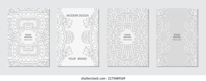 Cover set, vertical ethnic templates. Collection of openwork white backgrounds with 3D relief geometric pattern. Tribal ornaments based on East, Asia, India, Mexico, Aztecs, Peru.