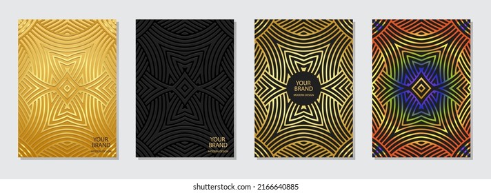 Cover set, vertical geometric templates. A collection of backgrounds with a 3D embossed gold pattern of lines. Ethnic, tribal ornaments of the East, Asia, India, Mexico, Aztecs, Peru.